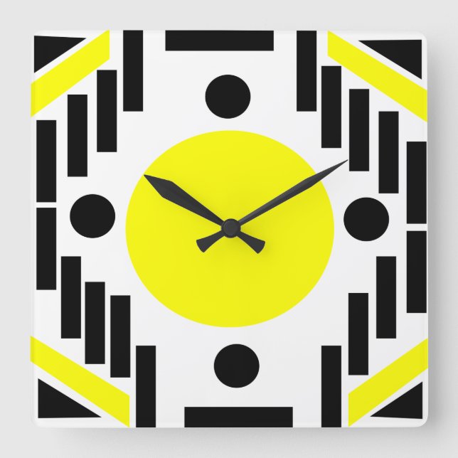 Black Yellow Mid Century Modern Geometric Mandala Square Wall Clock (Front)
