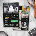 Black Yellow Mint Professional Photography Logo<br><div class="desc">Black marketing flyer for a professional photographer personalised with your photos, logos, contact information, custom text, and QR code. Add your work to this promo flyer for a professional photography business with bright yellow and mint green as accent colours. Add your specialities and offers and current discount promo. On the...</div>
