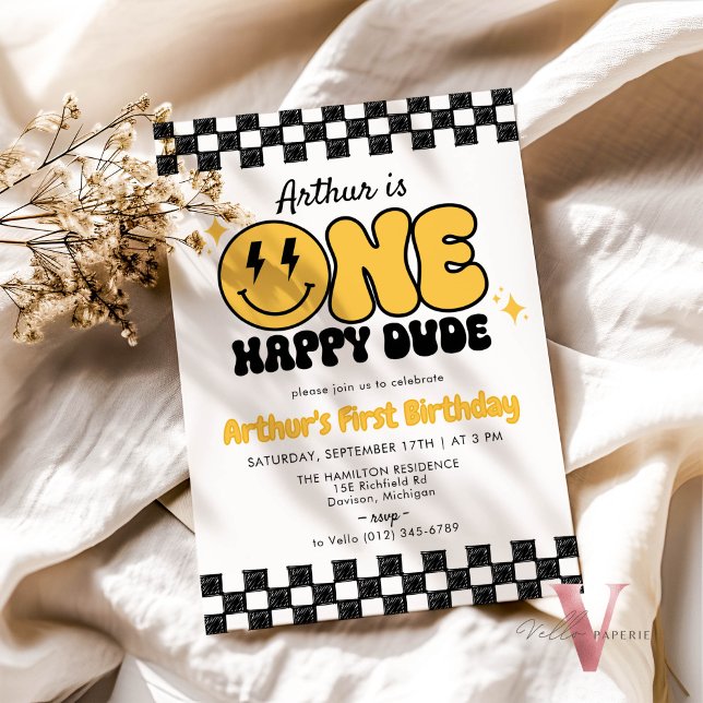 Black Yellow ONE HAPPY DUDE Retro Groovy Birthday Invitation (Creator Uploaded)