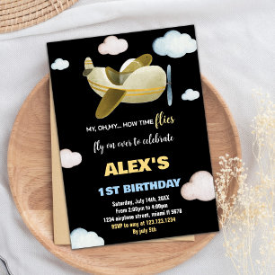 Black Yellow Orange Aeroplane Birthday Invitations