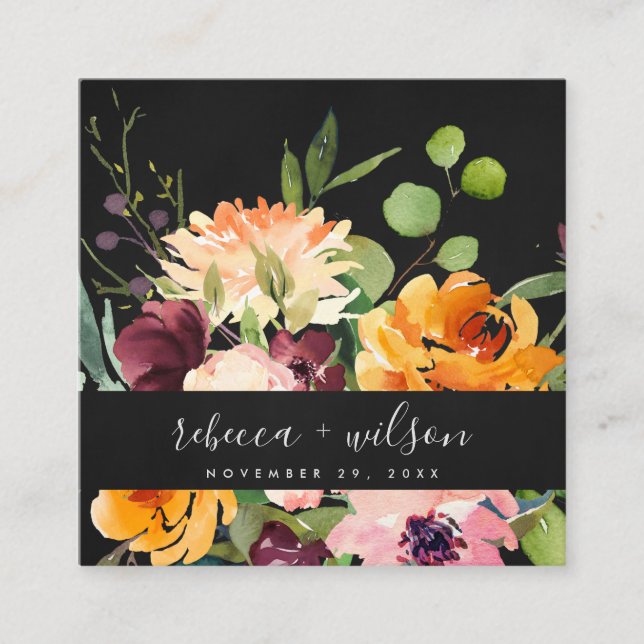 BLACK YELLOW ORANGE FLORA BUNCH WEDDING WEBSITE SQUARE BUSINESS CARD (Front)