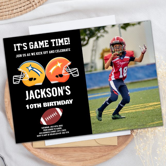 Black Yellow Orange Photo Football Birthday Invitation (Black Yellow Orange Photo Football Birthday Invitation)