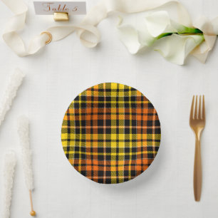 Black Yellow Orange Plaid Tartan Design Paper Plate