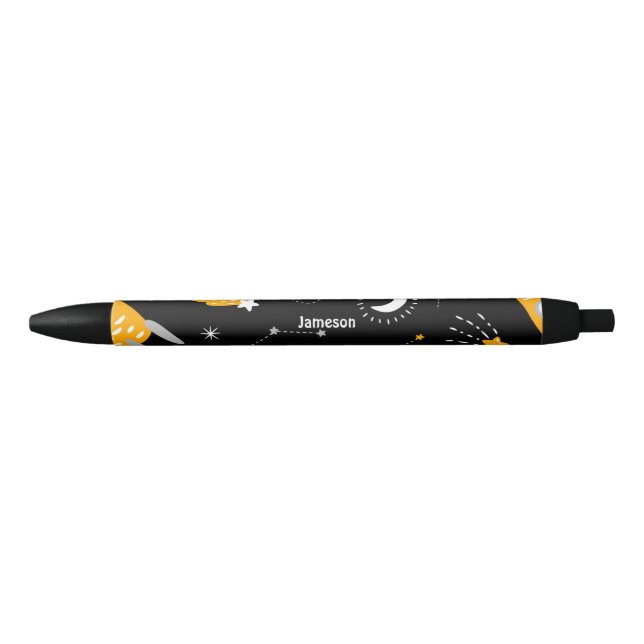 Black Yellow Outer Space Stars Moon Rocket Ink Pen (Front)