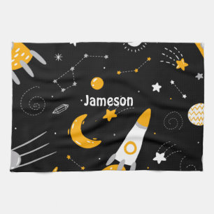Black Yellow Outer Space Stars Moon Rocket Tea Towel