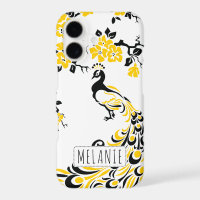 Black yellow peacock & cherry blossoms art nouveau
