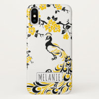 Black yellow peacock & cherry blossoms art nouveau