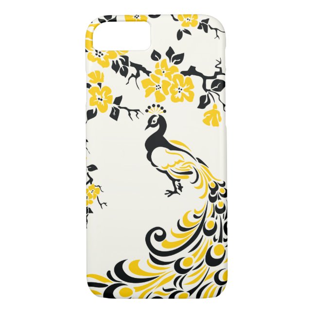 Black, yellow peacock & cherry blossoms Case-Mate iPhone case (Back)