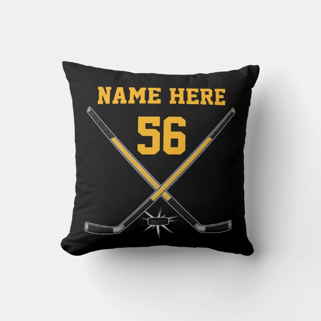Black Yellow Personalised, Hockey Throw Pillow (Front)