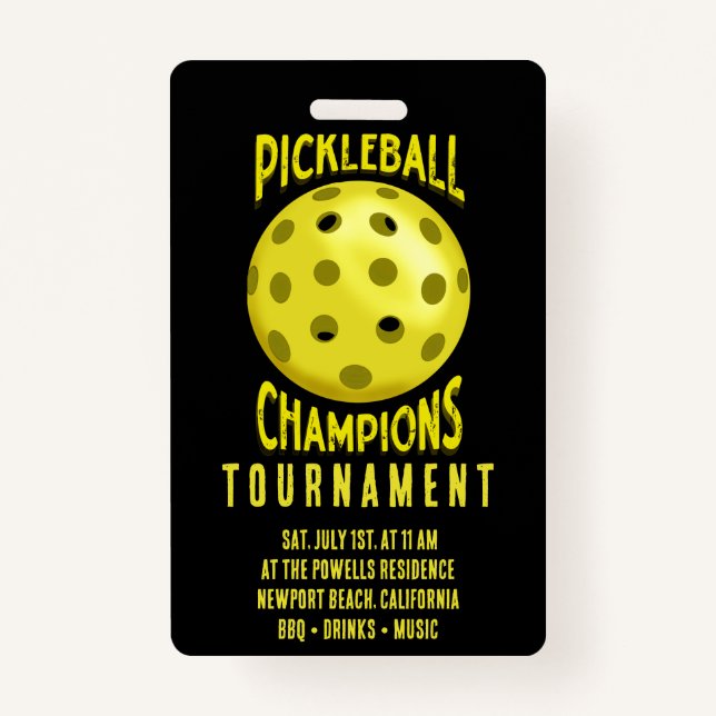 Black Yellow Pickleball Tournament Invitation ID Badge (Front)
