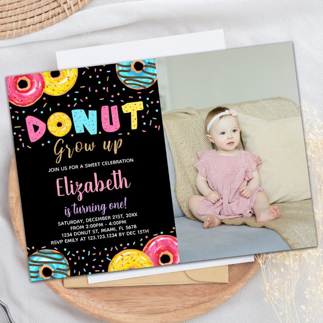 Black Yellow Pink Green Doughnut Birthday with pho Invitation (Black Yellow Pink Green Donut Birthday with photo Invitation)