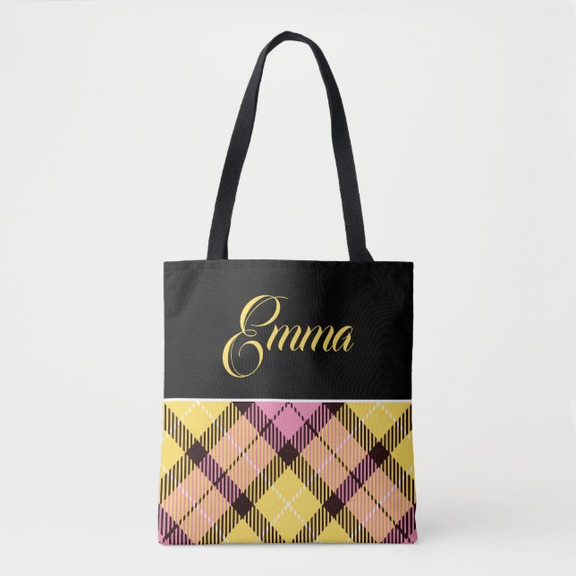 Black Yellow Pink Plaid Tartan Personalised Name Tote Bag (Front)