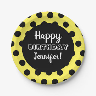Black & Yellow Polka Dot Custom Birthday Paper Plate