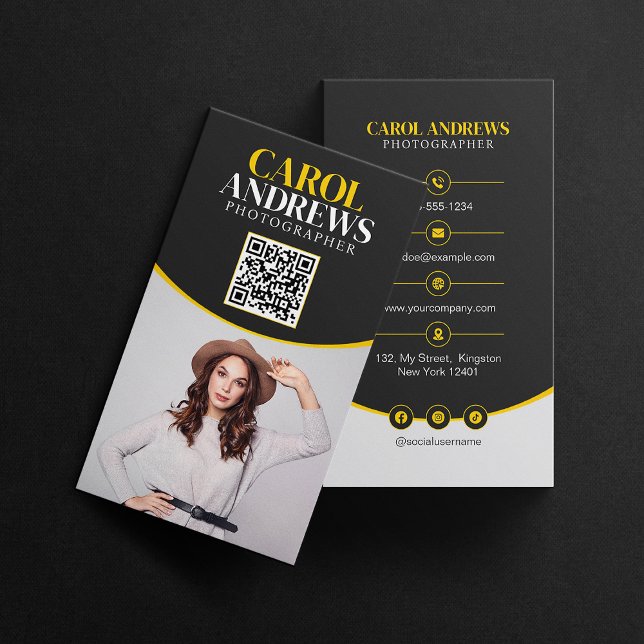 Black & Yellow Professional Photographer QR Code Business Card (Creator Uploaded)