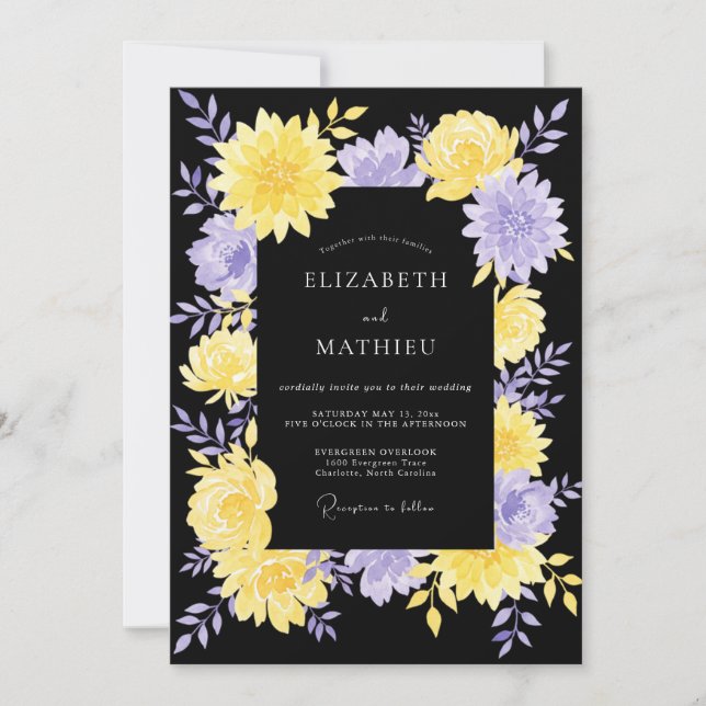 Black Yellow Purple Dahlia Wedding Invitation (Front)