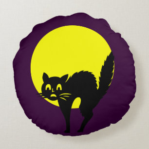 Black yellow purple skulls cat moon  Halloween Round Cushion