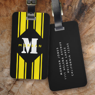 Black Yellow Racing Stripes Monogram Luggage Tag