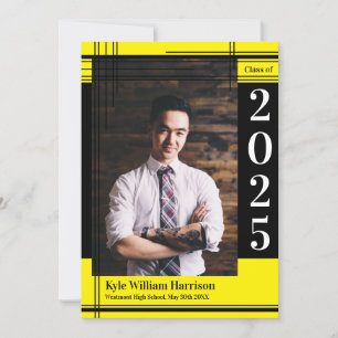 Black Yellow School Colour Graduation Photo Plaid Invitation