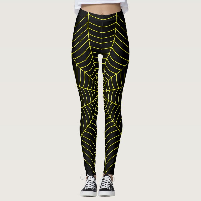 Black yellow spider web Halloween pattern Leggings (Front)