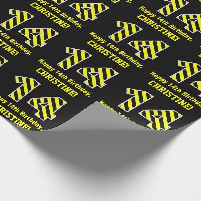 Black & Yellow Striped "14"; 14th Birthday + Name Wrapping Paper (Corner)