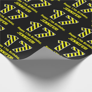 Black & Yellow Striped "17"; 17th Birthday + Name Wrapping Paper