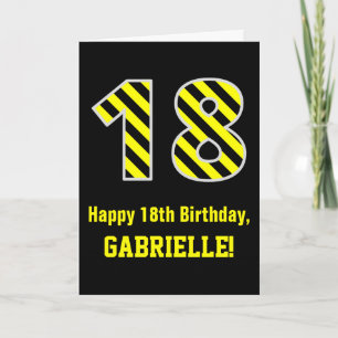 Black & Yellow Striped "18"; 18th Birthday + Name Card