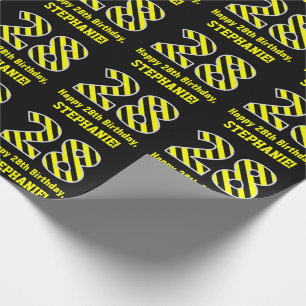 Black & Yellow Striped "28"; 28th Birthday + Name Wrapping Paper