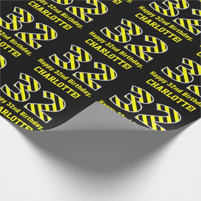Black & Yellow Striped "32"; 32nd Birthday + Name Wrapping Paper (Corner)