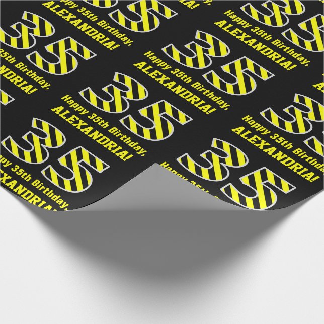 Black & Yellow Striped "35"; 35th Birthday + Name Wrapping Paper (Corner)