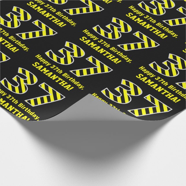Black & Yellow Striped "37"; 37th Birthday + Name Wrapping Paper (Corner)