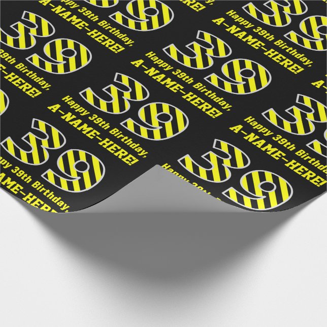 Black & Yellow Striped "39"; 39th Birthday + Name Wrapping Paper (Corner)