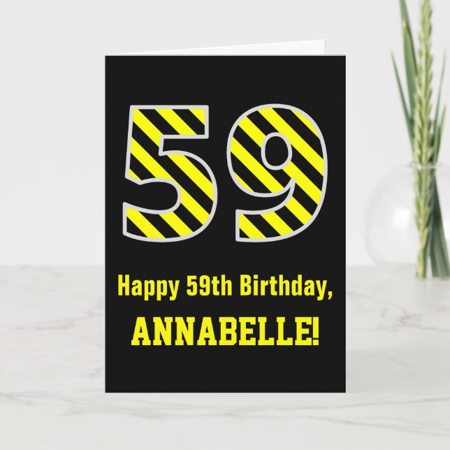 Black & Yellow Striped "59"; 59th Birthday + Name Card (Front)