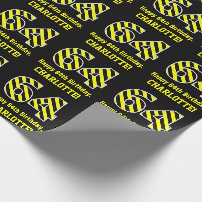 Black & Yellow Striped "64"; 64th Birthday + Name Wrapping Paper (Corner)