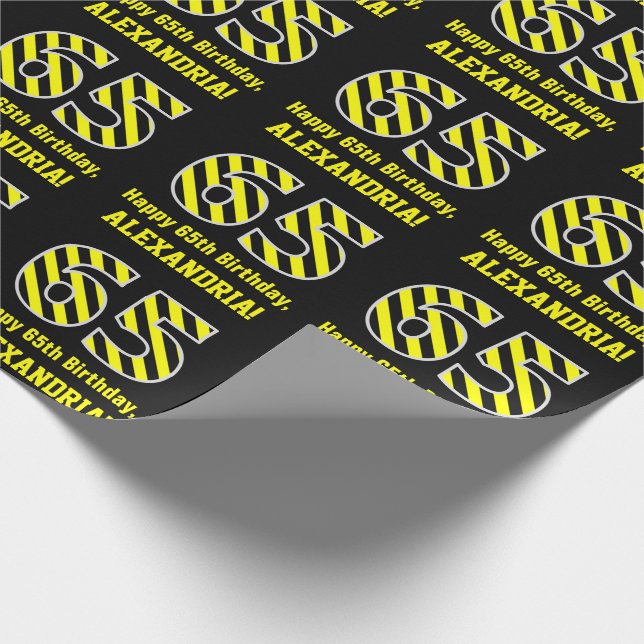 Black & Yellow Striped "65"; 65th Birthday + Name Wrapping Paper (Corner)