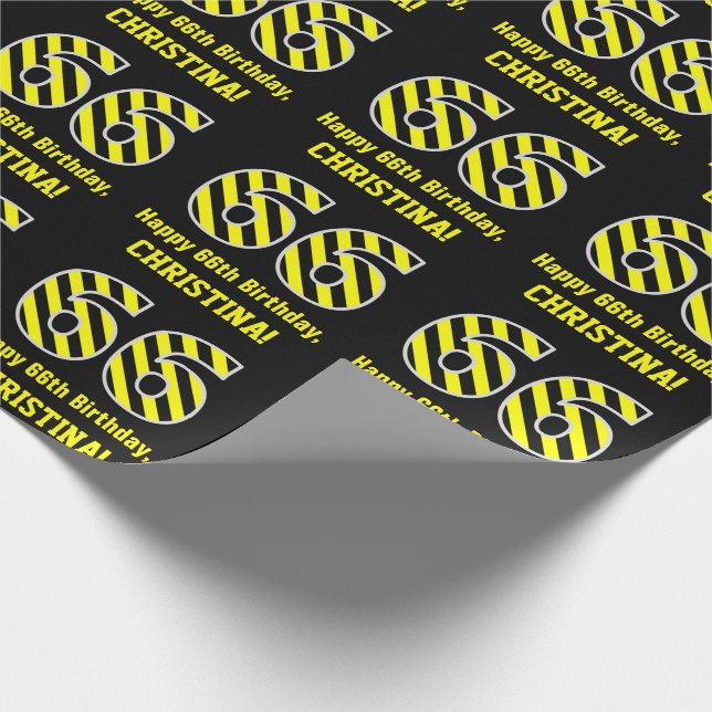 Black & Yellow Striped "66"; 66th Birthday + Name Wrapping Paper (Corner)