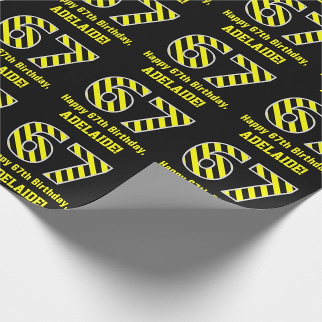 Black & Yellow Striped "67"; 67th Birthday + Name Wrapping Paper (Corner)