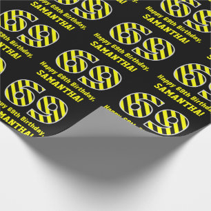 Black & Yellow Striped "69"; 69th Birthday + Name Wrapping Paper
