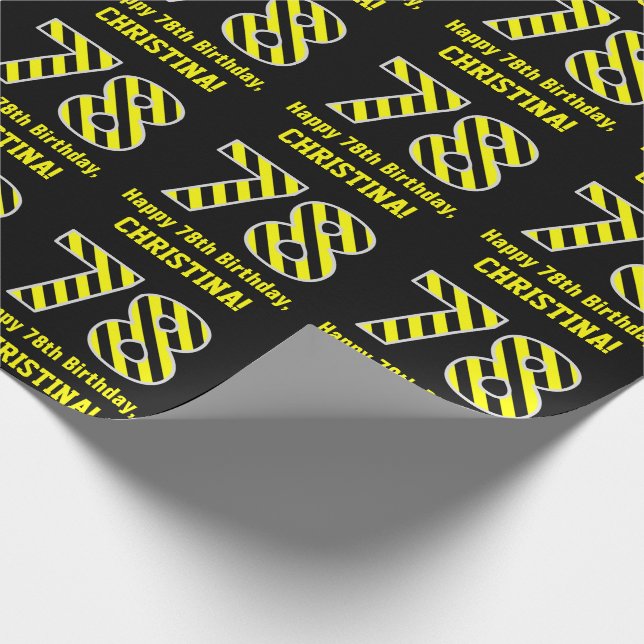 Black & Yellow Striped "78"; 78th Birthday + Name Wrapping Paper (Corner)