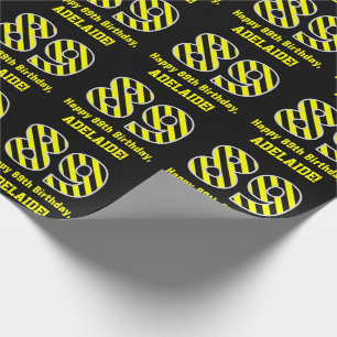 Black & Yellow Striped "89"; 89th Birthday + Name Wrapping Paper