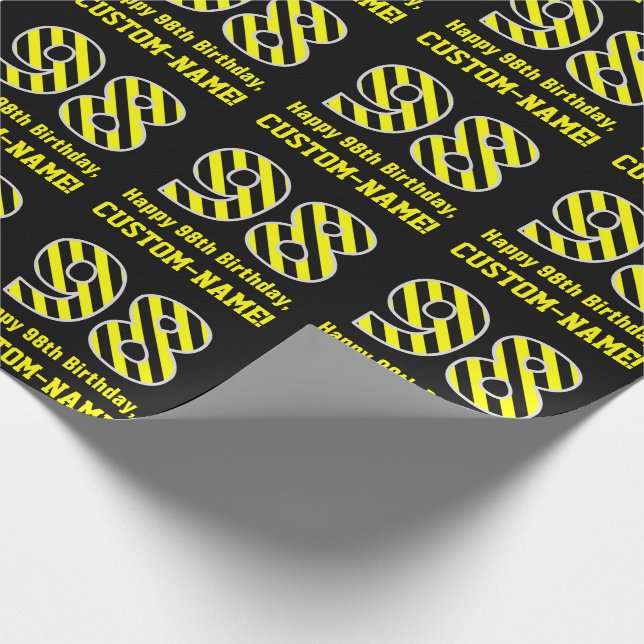 Black & Yellow Striped "98"; 98th Birthday + Name Wrapping Paper (Corner)