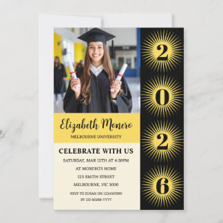 Black Yellow Sunburst Graduation Photo Invitation
