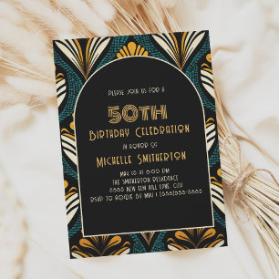 Black Yellow Teal Art Deco Arch 50th Birthday Invitation