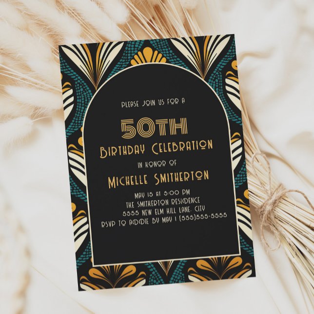 Black Yellow Teal Art Deco Arch 50th Birthday Invitation (Green, gold, and black art deco 50th birthday party invitation)