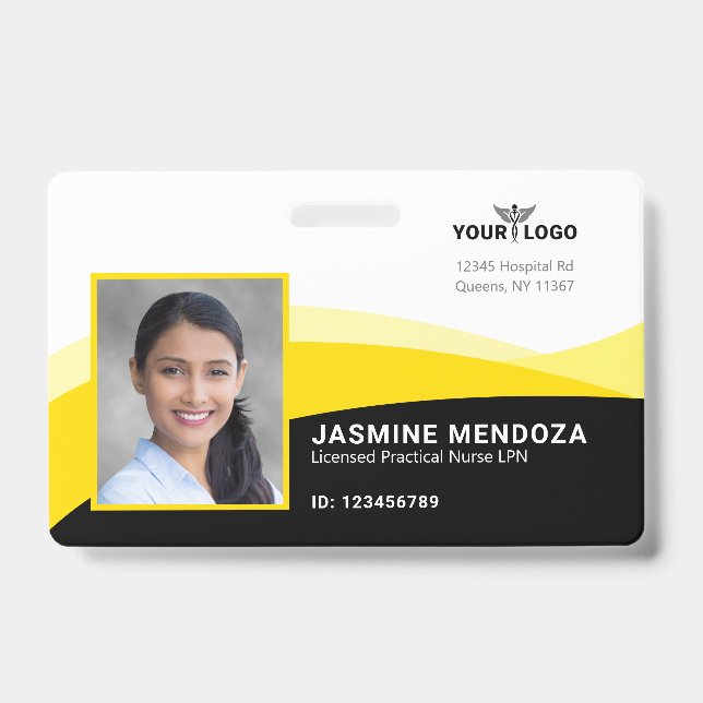 Black Yellow Template Business Logo Photo Name ID Badge (Front)