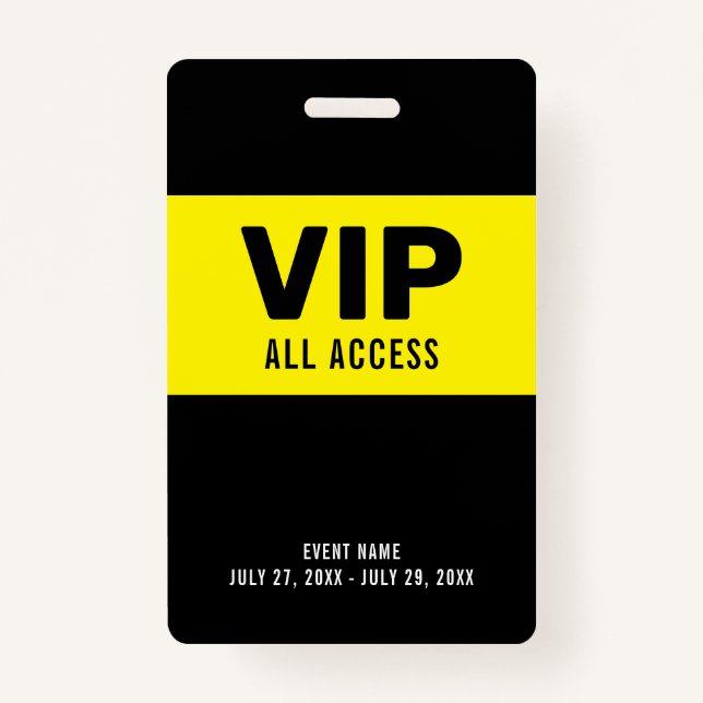 Black Yellow VIP All Access Pass Event ID Badge (Front)