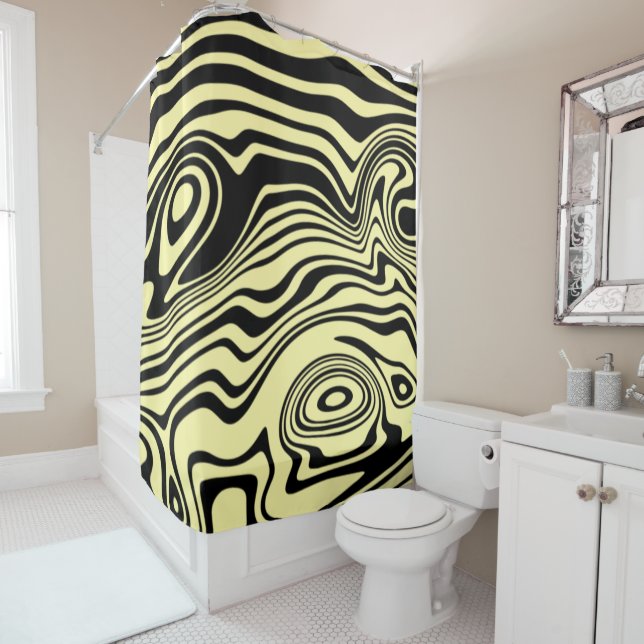 Black Yellow Wavy Striped Shower Curtain (In Situ)