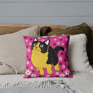 Black Yellow White Cute Cat And Flowers On Pink Cushion