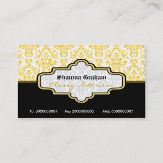 Black yellow white damask interiors business card