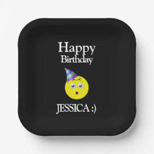 Black Yellow White Happy Birthday Emoji Paper Plate
