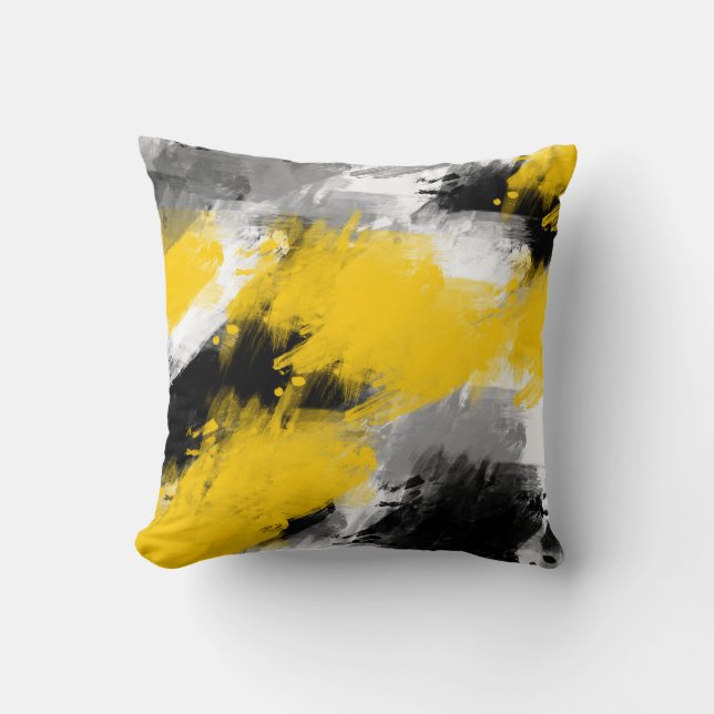 Black Yellow White Modern Abstract Brushstrokes Cushion (Front)